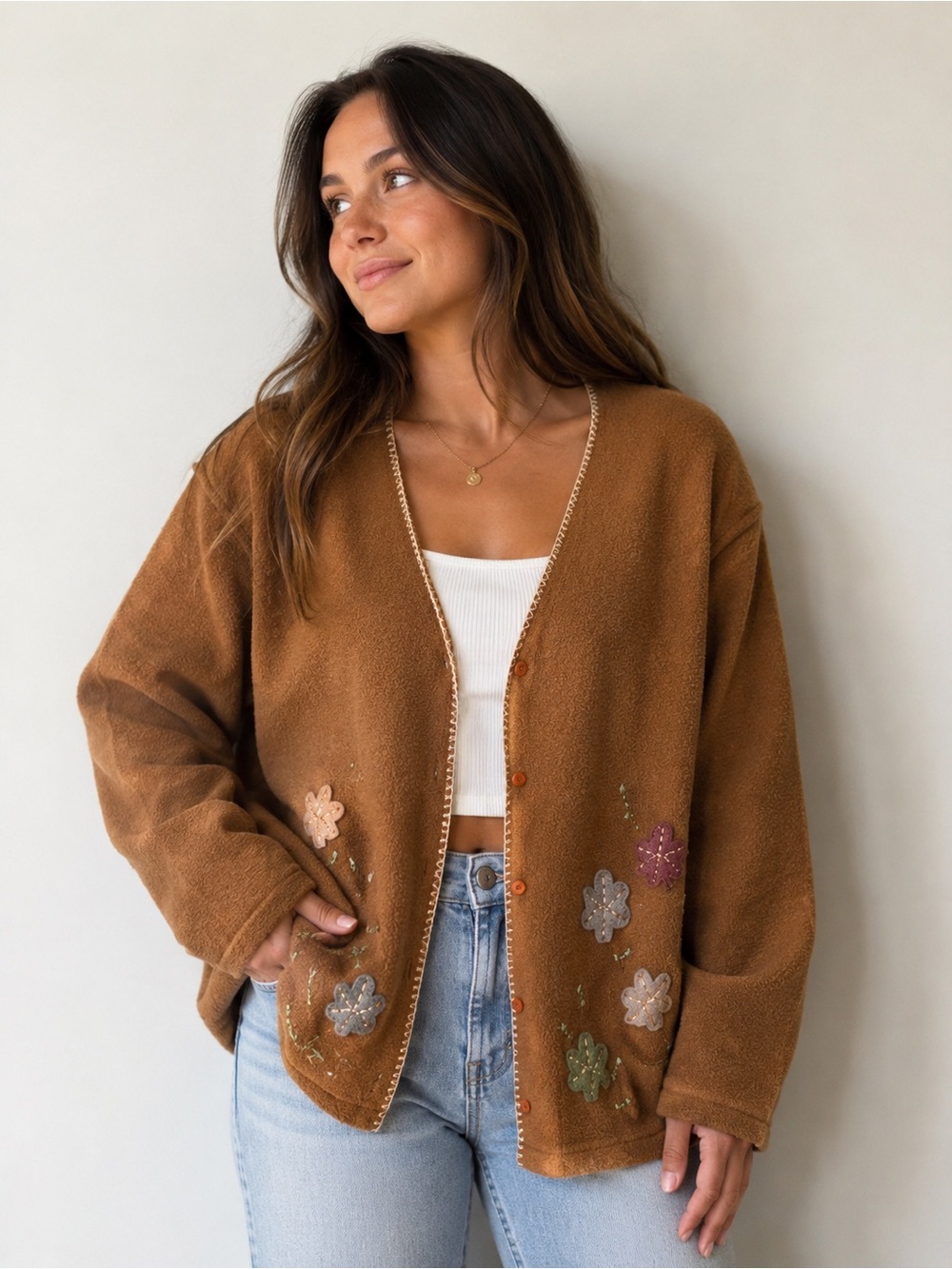 Floral Appliqué Open Front Cardigan Women’s XL